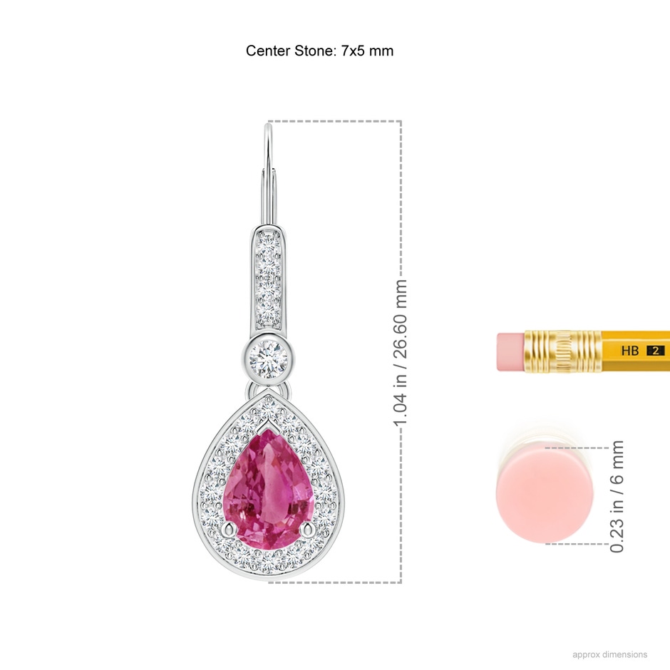 7x5mm AAAA Pear-Shaped Pink Sapphire and Diamond Halo Drop Earrings in White Gold ruler