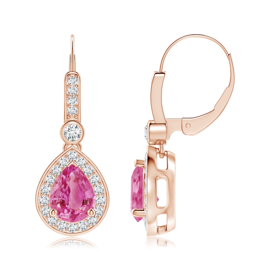 8x6mm AAA Pear-Shaped Pink Sapphire and Diamond Halo Drop Earrings in Rose Gold 