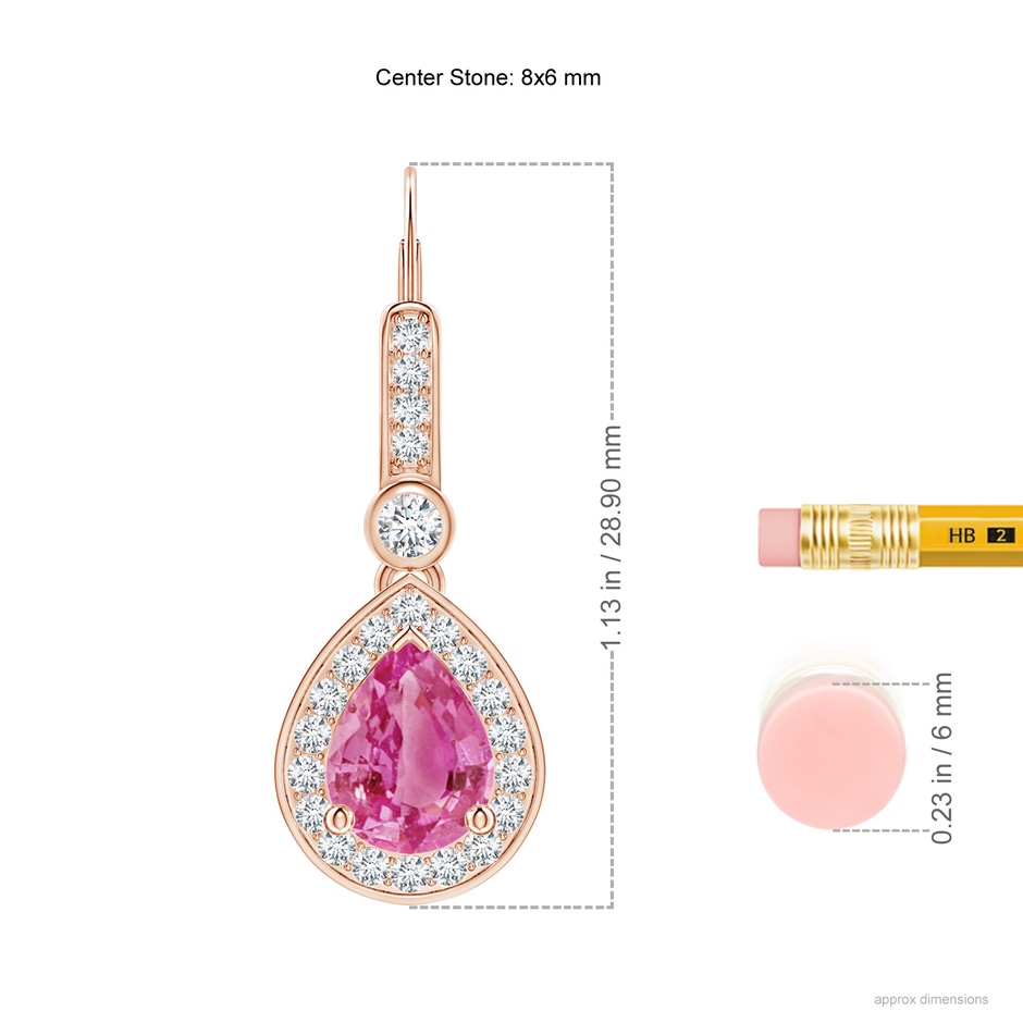 8x6mm AAA Pear-Shaped Pink Sapphire and Diamond Halo Drop Earrings in Rose Gold ruler
