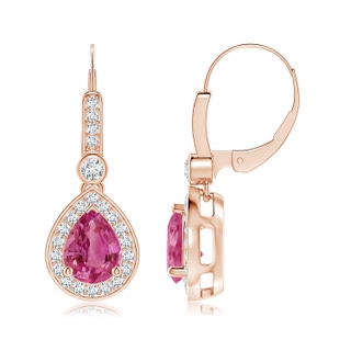 8x6mm AAAA Pear-Shaped Pink Sapphire and Diamond Halo Drop Earrings in 9K Rose Gold
