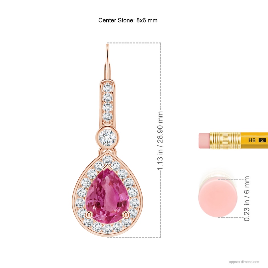 8x6mm AAAA Pear-Shaped Pink Sapphire and Diamond Halo Drop Earrings in Rose Gold ruler