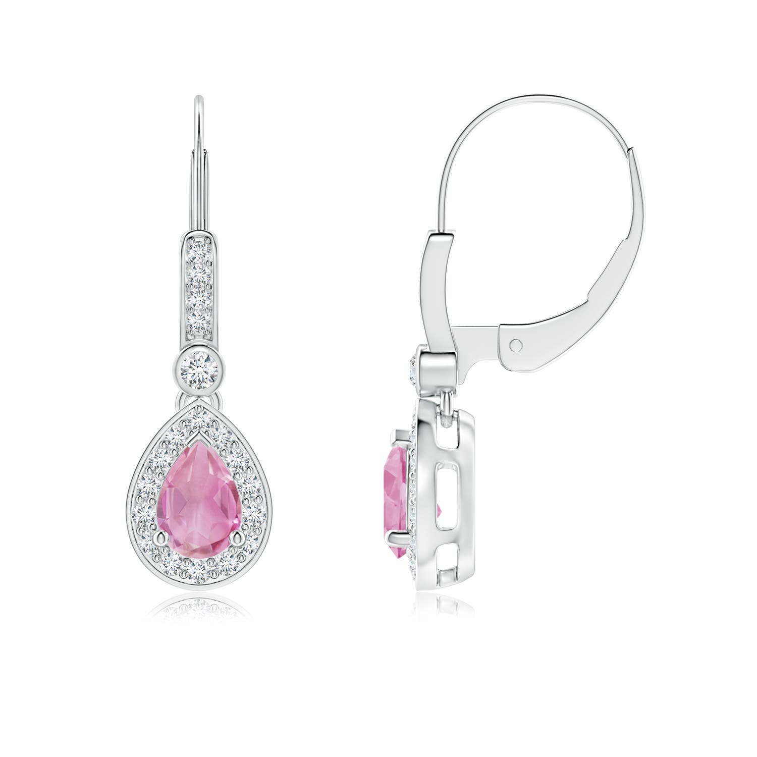 6x4mm A Pear-Shaped Pink Tourmaline and Diamond Halo Drop Earrings in White Gold