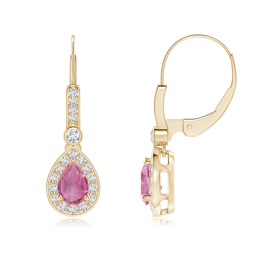 6x4mm AA Pear-Shaped Pink Tourmaline and Diamond Halo Drop Earrings in Yellow Gold 