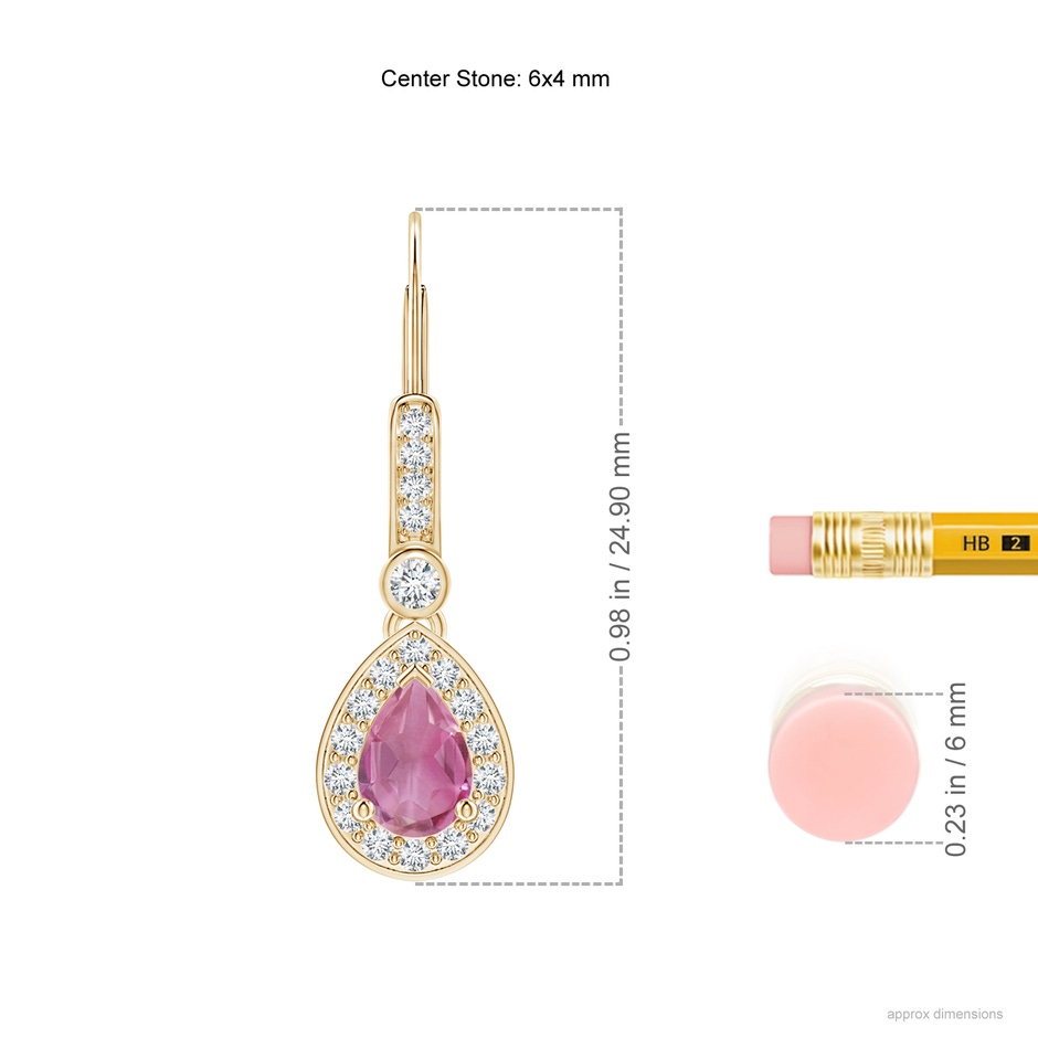 6x4mm AA Pear-Shaped Pink Tourmaline and Diamond Halo Drop Earrings in Yellow Gold ruler