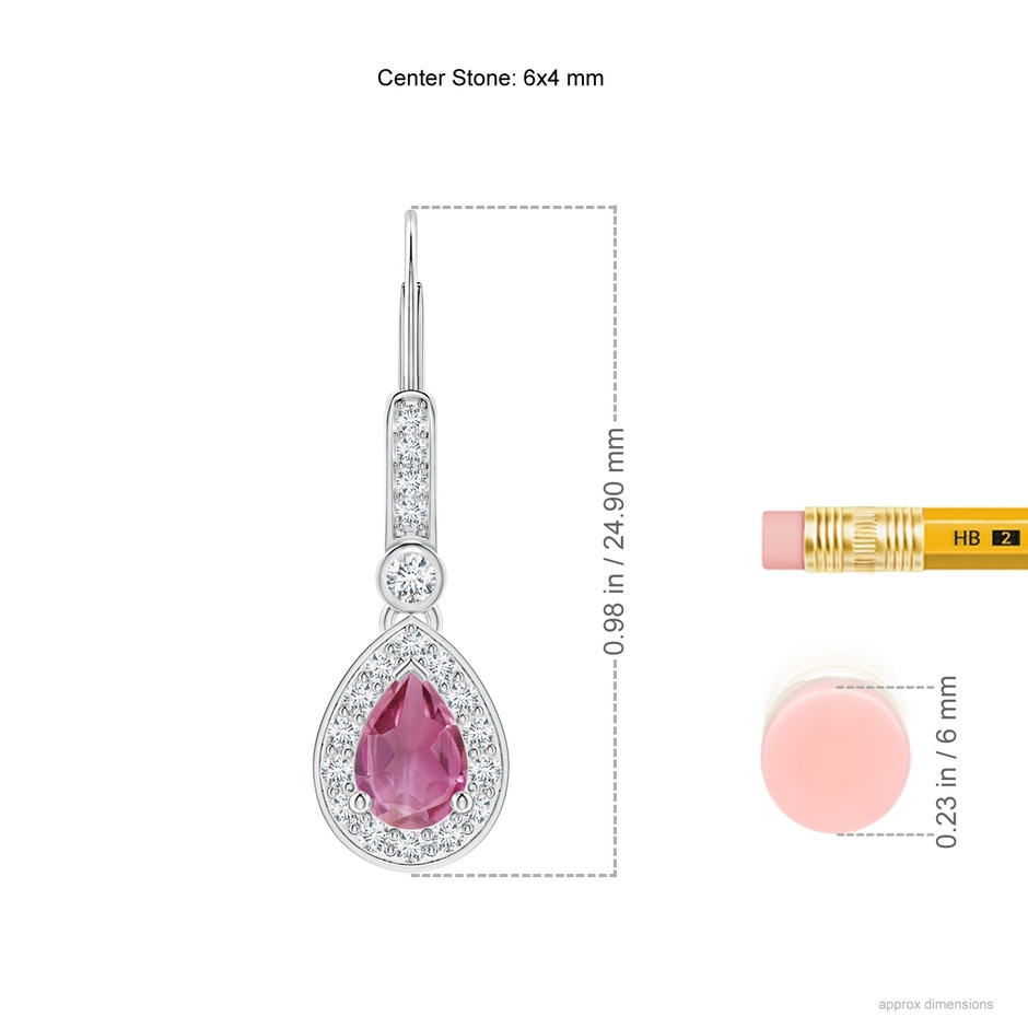 6x4mm AAA Pear-Shaped Pink Tourmaline and Diamond Halo Drop Earrings in White Gold ruler