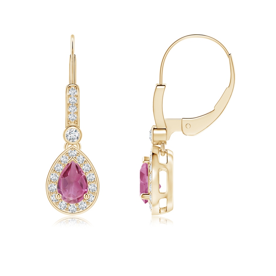 6x4mm AAA Pear-Shaped Pink Tourmaline and Diamond Halo Drop Earrings in Yellow Gold 