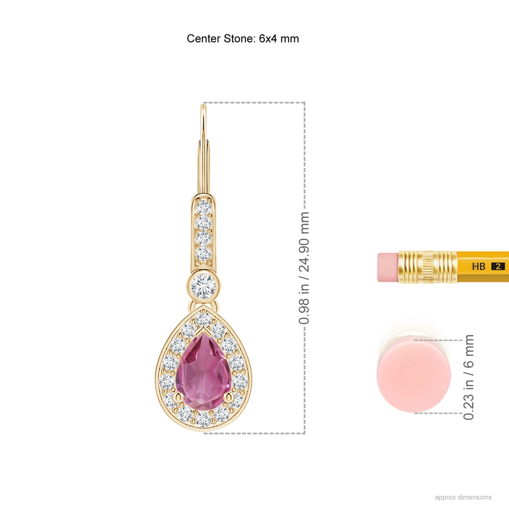 6x4mm AAA Pear-Shaped Pink Tourmaline and Diamond Halo Drop Earrings in Yellow Gold Ruler