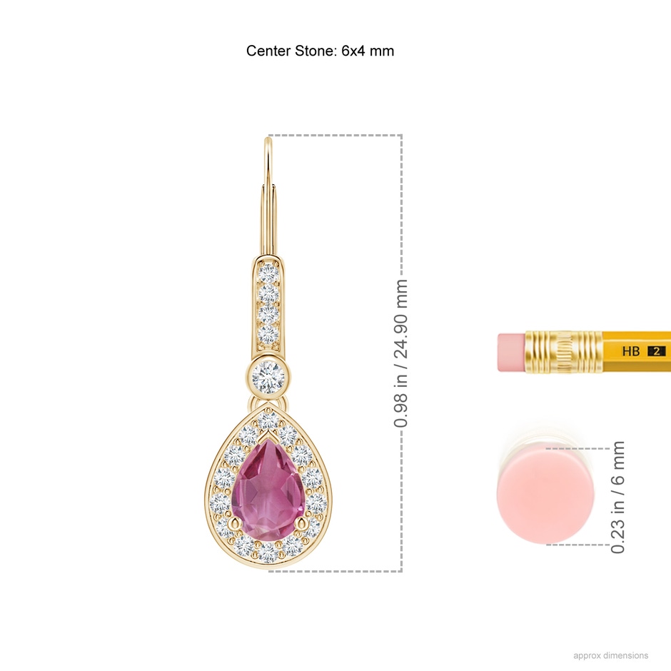 6x4mm AAA Pear-Shaped Pink Tourmaline and Diamond Halo Drop Earrings in Yellow Gold ruler