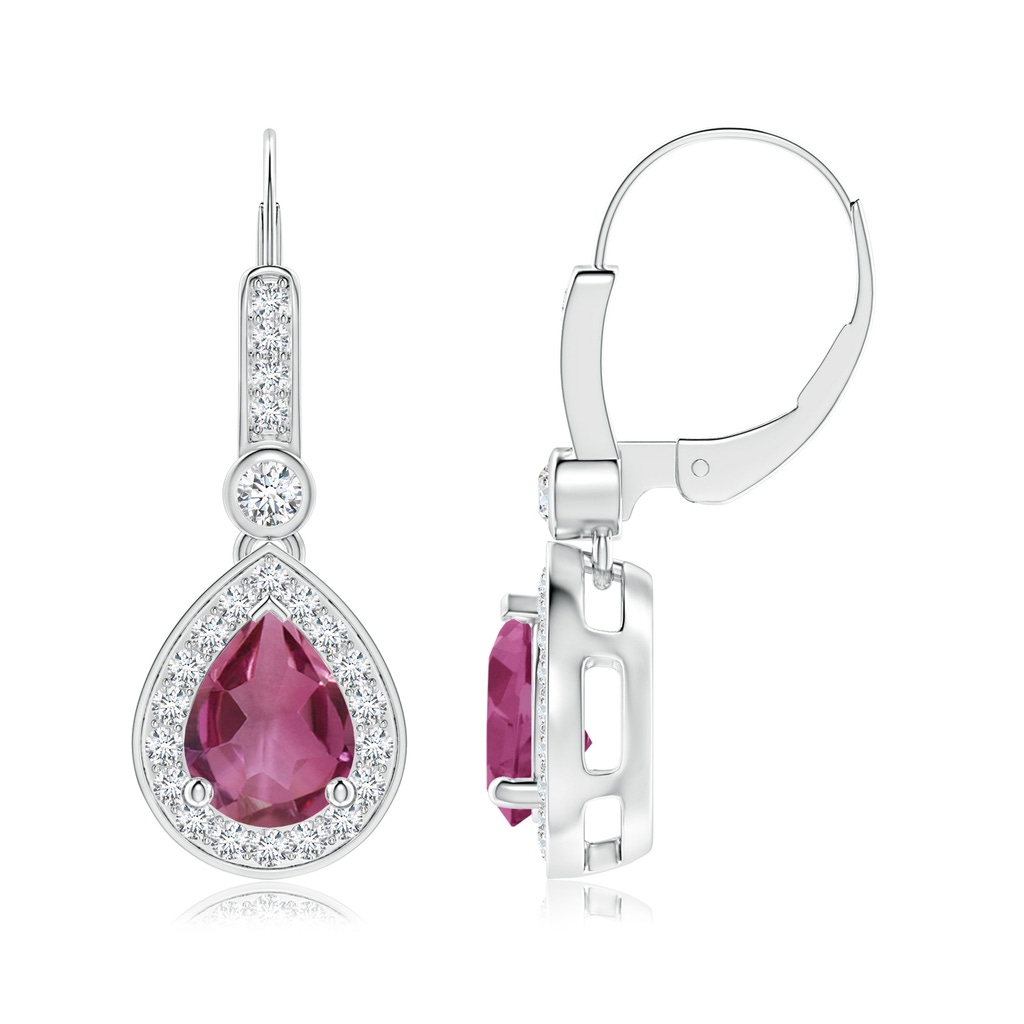 8x6mm AAAA Pear-Shaped Pink Tourmaline and Diamond Halo Drop Earrings in White Gold