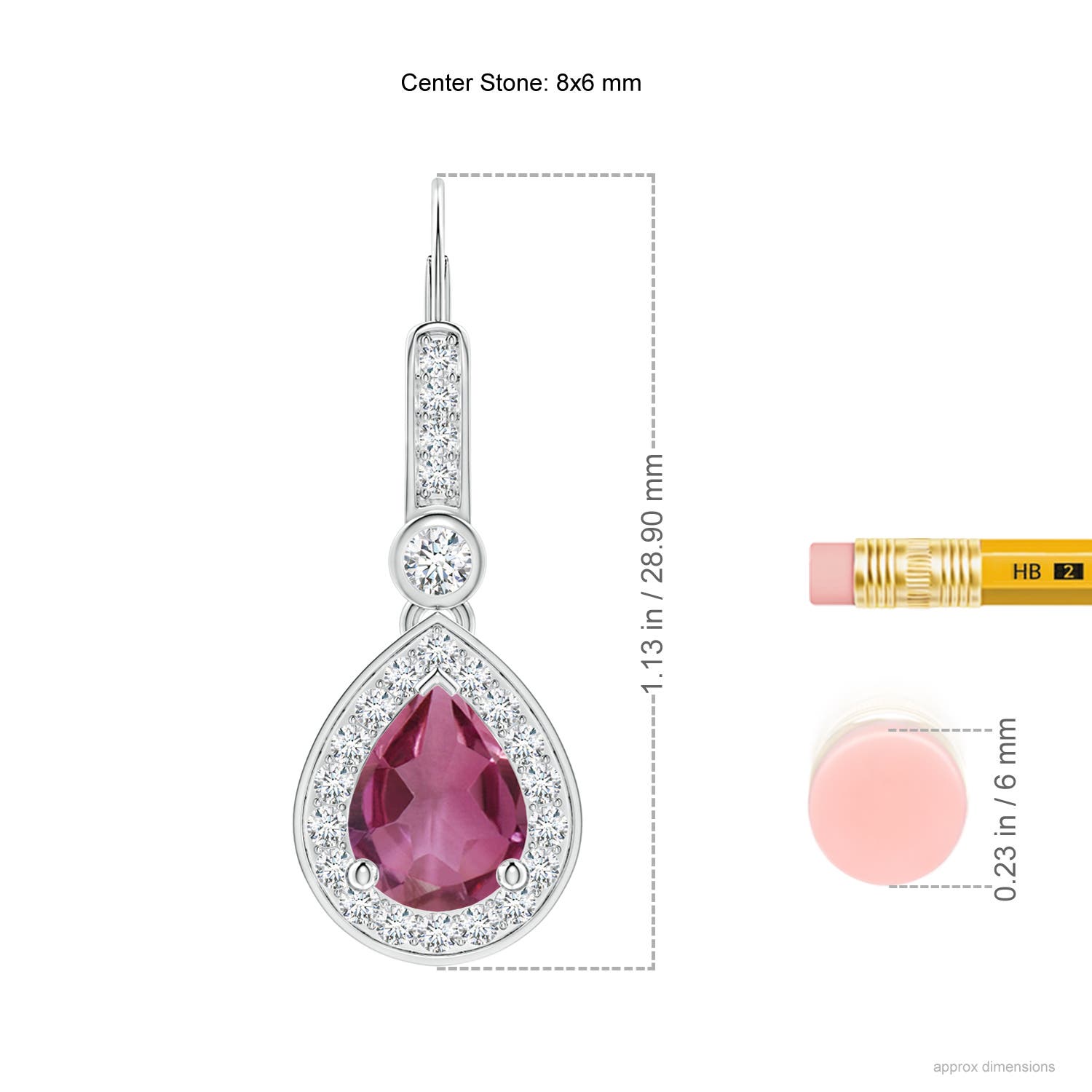 8x6mm AAAA Pear-Shaped Pink Tourmaline and Diamond Halo Drop Earrings in White Gold - ruler