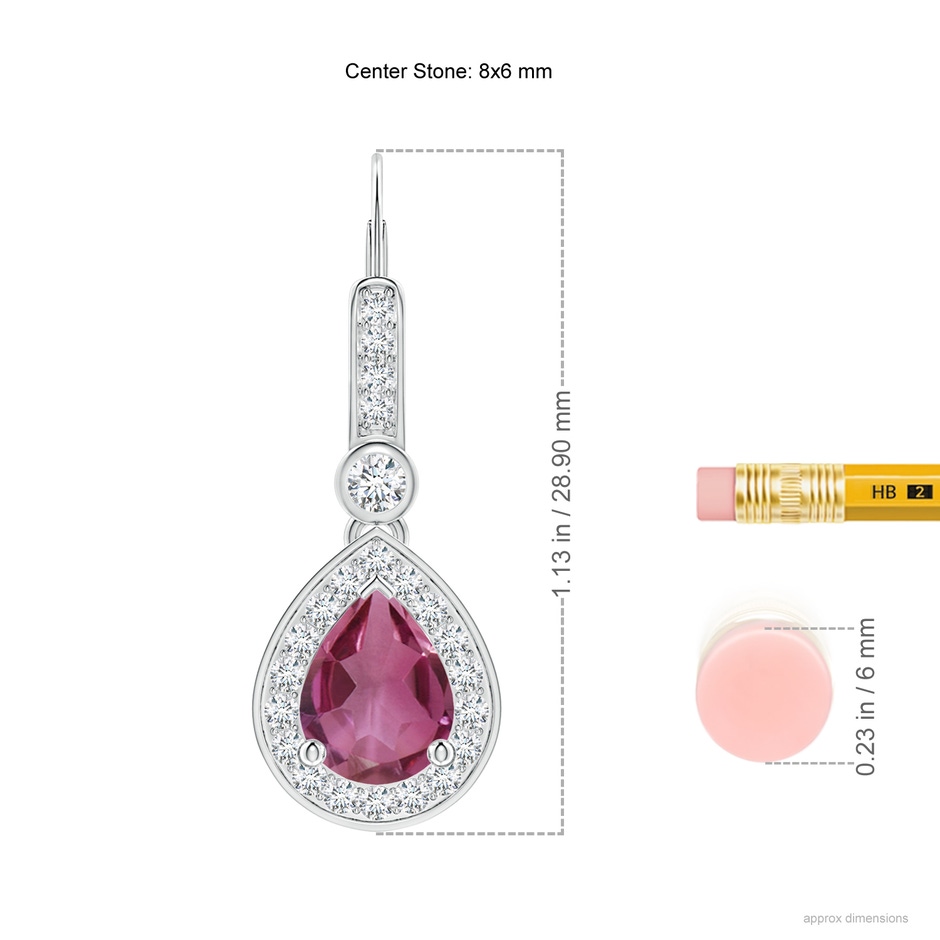 8x6mm AAAA Pear-Shaped Pink Tourmaline and Diamond Halo Drop Earrings in White Gold ruler