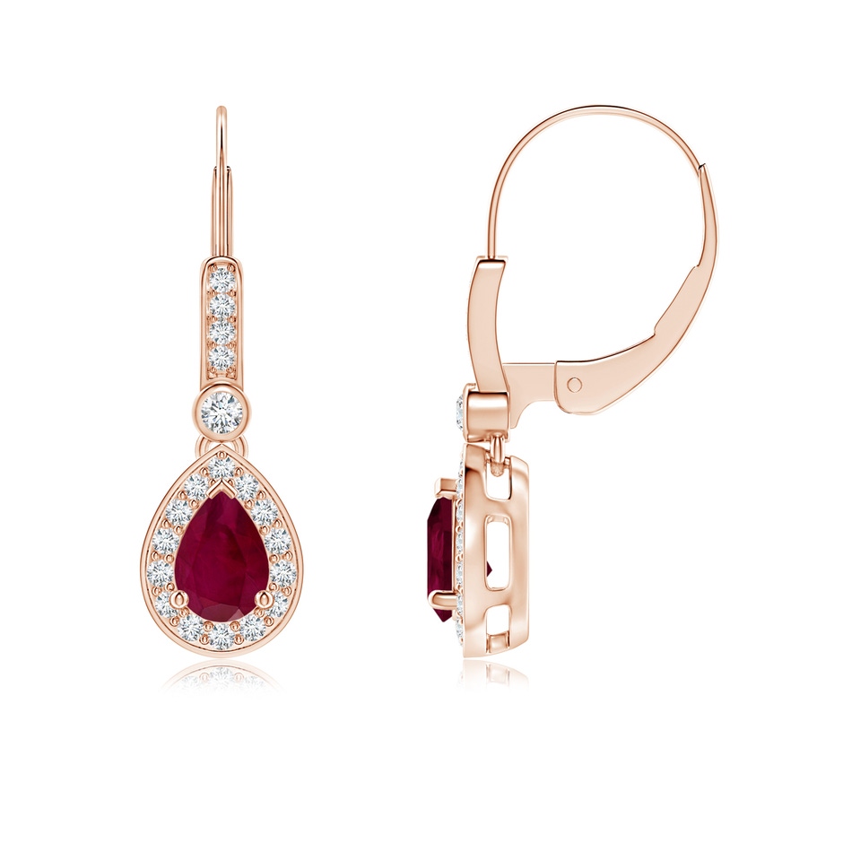 6x4mm A Pear-Shaped Ruby and Diamond Halo Drop Earrings in Rose Gold 