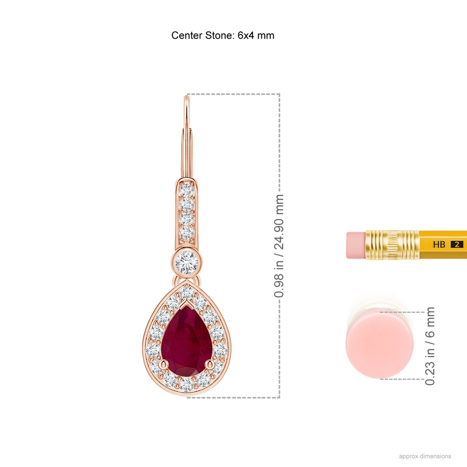 6x4mm A Pear-Shaped Ruby and Diamond Halo Drop Earrings in Rose Gold ruler
