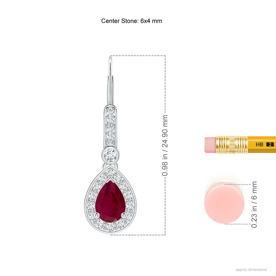 6x4mm A Pear-Shaped Ruby and Diamond Halo Drop Earrings in White Gold ruler