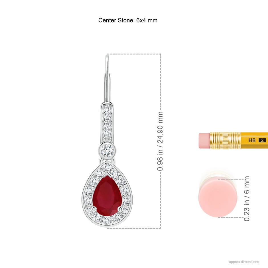 6x4mm AA Pear-Shaped Ruby and Diamond Halo Drop Earrings in P950 Platinum ruler
