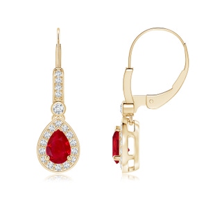 6x4mm AAA Pear-Shaped Ruby and Diamond Halo Drop Earrings in 10K Yellow Gold