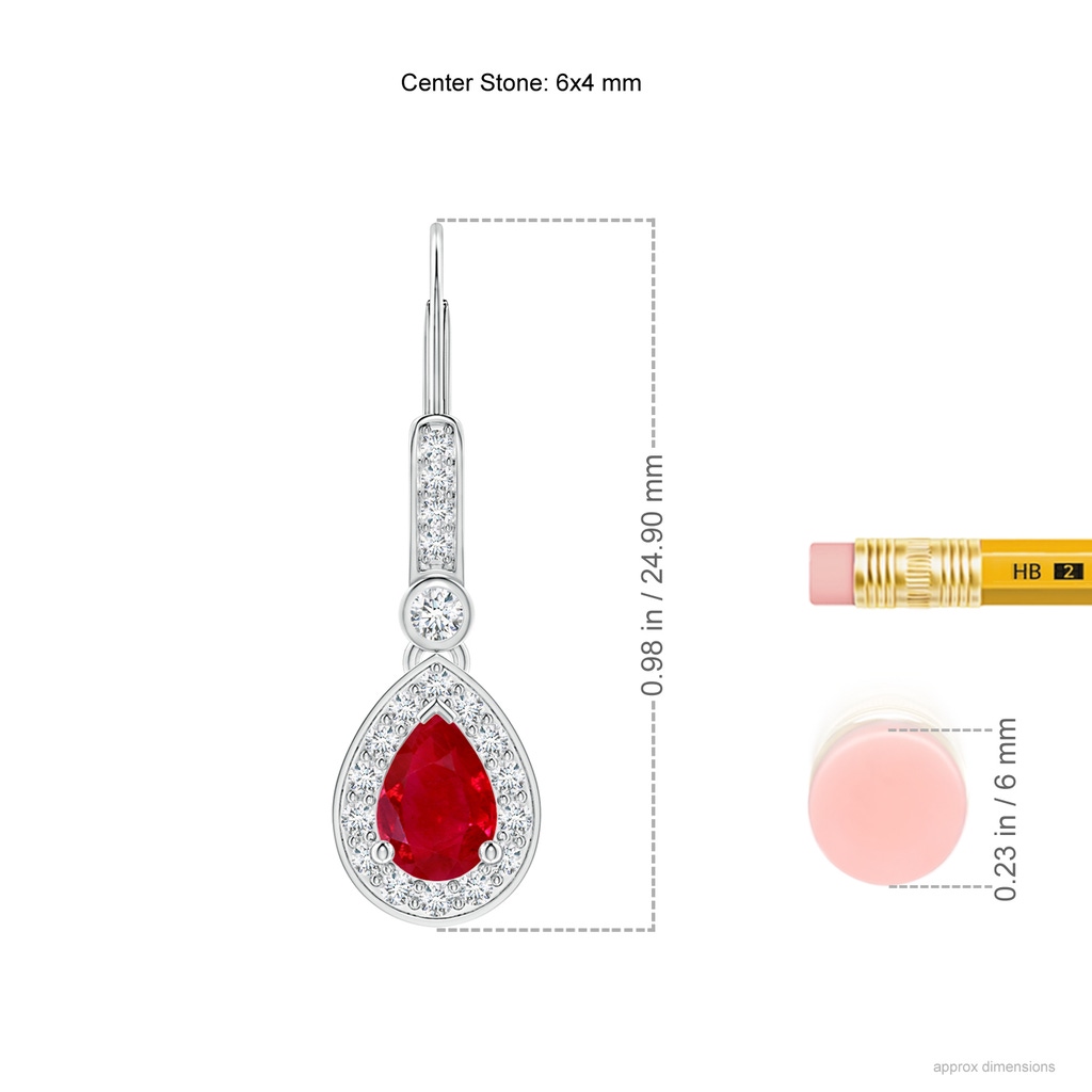 6x4mm AAA Pear-Shaped Ruby and Diamond Halo Drop Earrings in White Gold Ruler