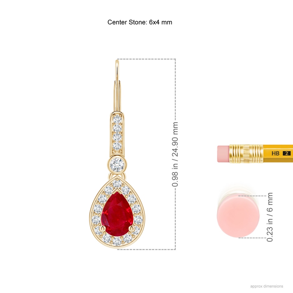 6x4mm AAA Pear-Shaped Ruby and Diamond Halo Drop Earrings in Yellow Gold ruler