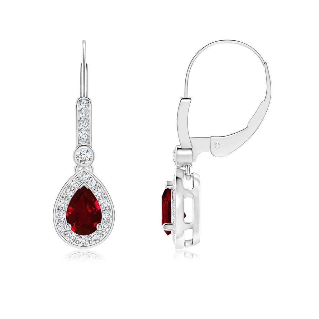 6x4mm Lab-Grown Pear-Shaped Ruby and Diamond Halo Drop Earrings in P950 Platinum