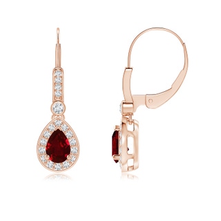 6x4mm AAAA Pear-Shaped Ruby and Diamond Halo Drop Earrings in Rose Gold