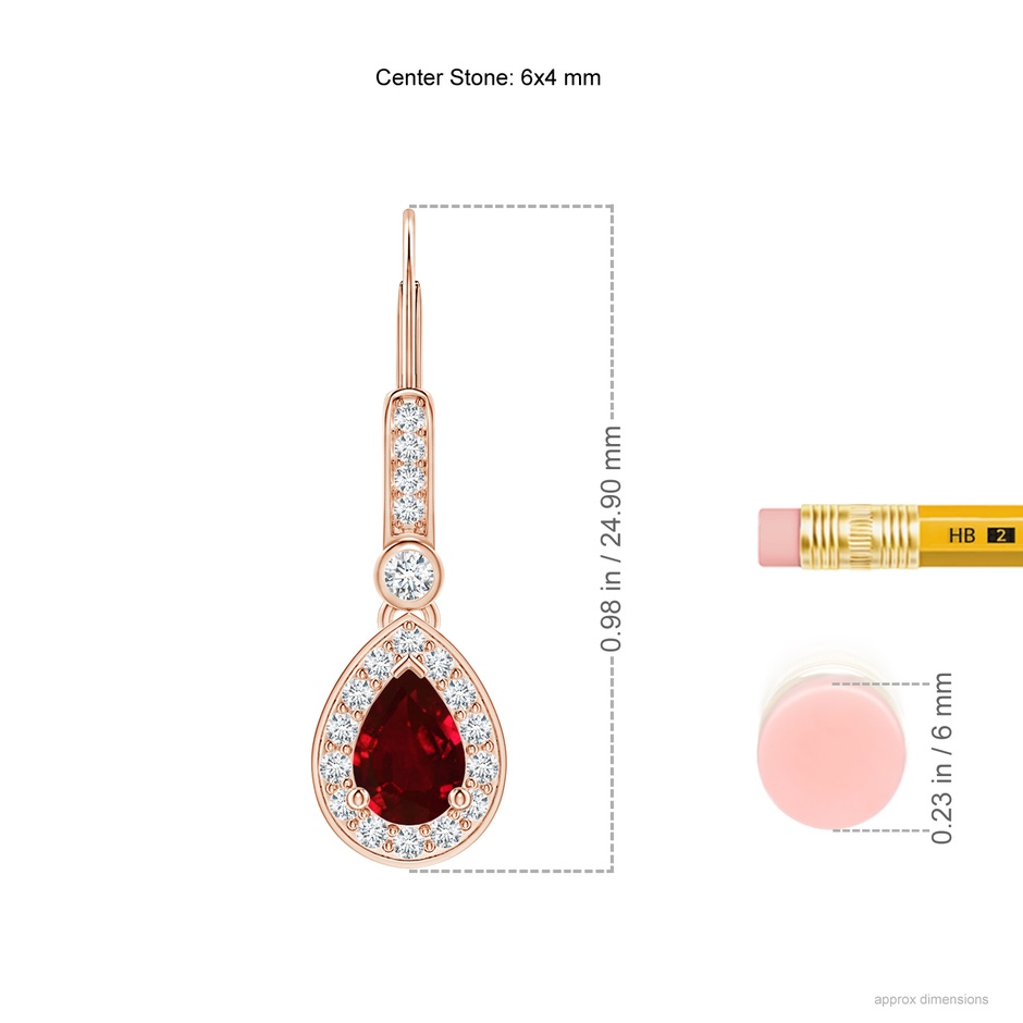 6x4mm AAAA Pear-Shaped Ruby and Diamond Halo Drop Earrings in Rose Gold ruler
