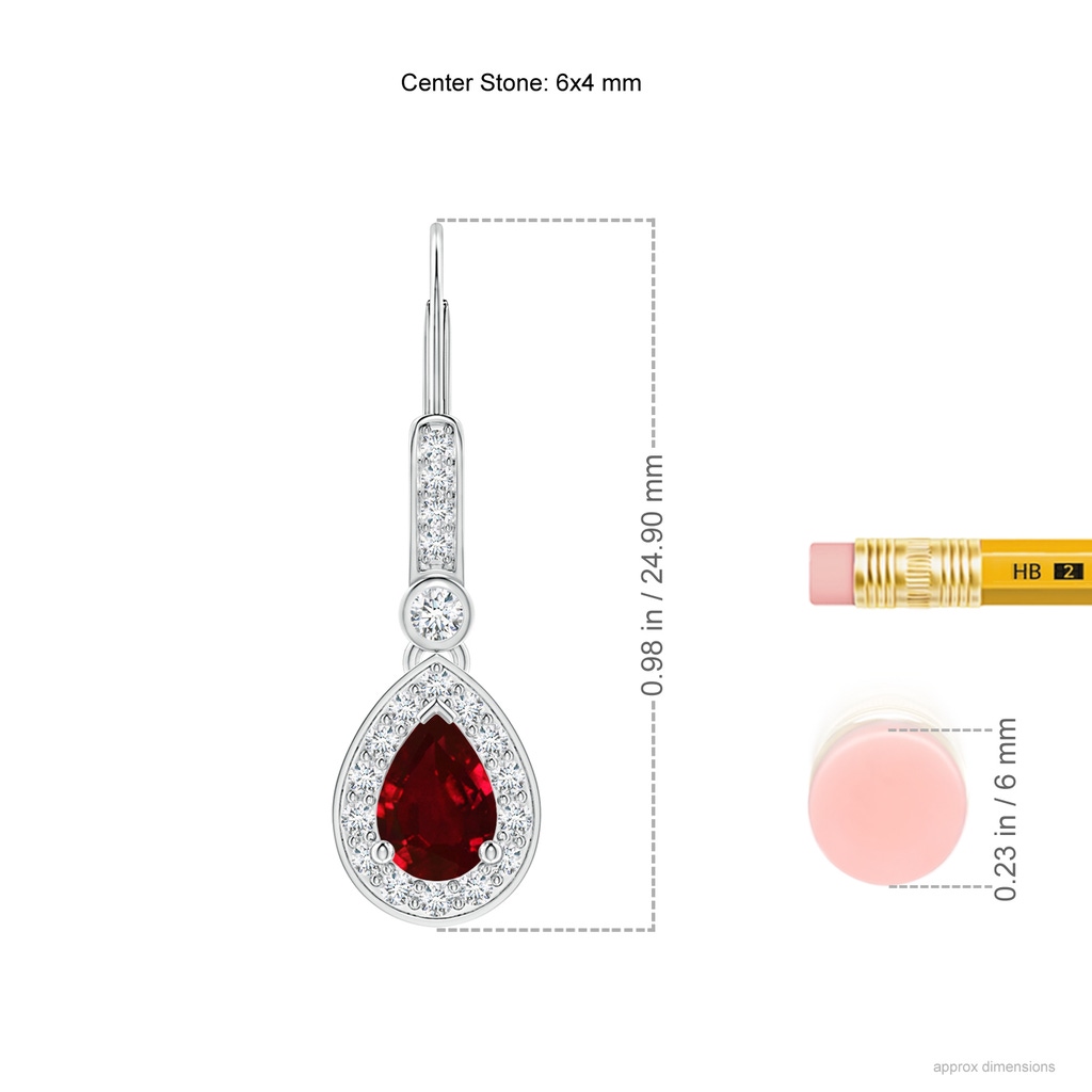 6x4mm AAAA Pear-Shaped Ruby and Diamond Halo Drop Earrings in White Gold Ruler