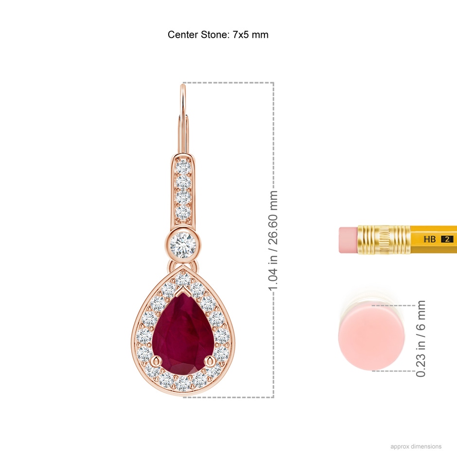 7x5mm A Pear-Shaped Ruby and Diamond Halo Drop Earrings in Rose Gold ruler