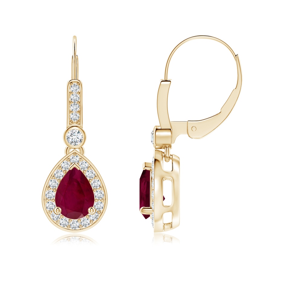 7x5mm A Pear-Shaped Ruby and Diamond Halo Drop Earrings in Yellow Gold 