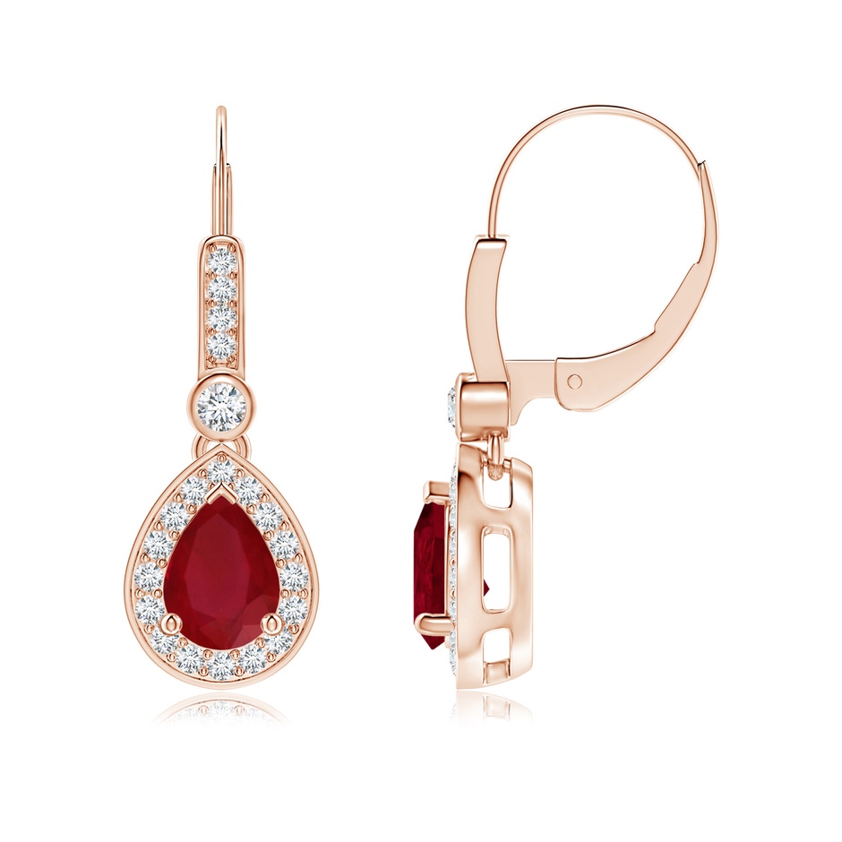 7x5mm AA Pear-Shaped Ruby and Diamond Halo Drop Earrings in Rose Gold 