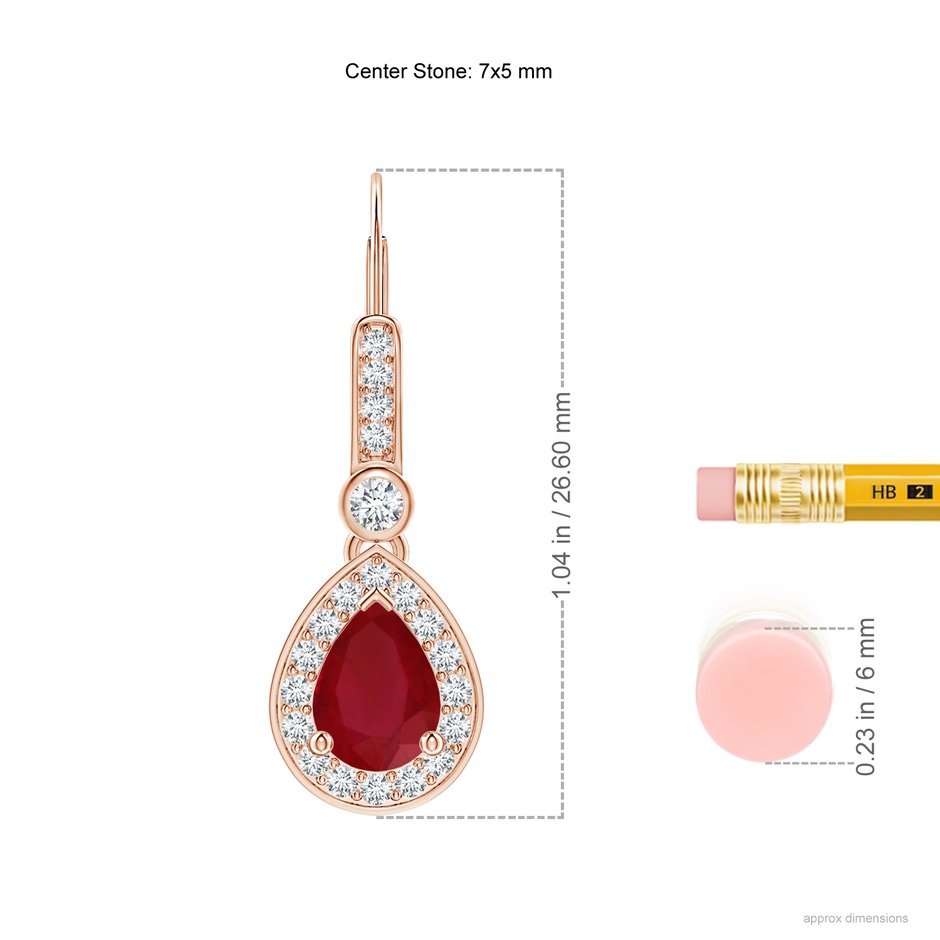 7x5mm AA Pear-Shaped Ruby and Diamond Halo Drop Earrings in Rose Gold ruler