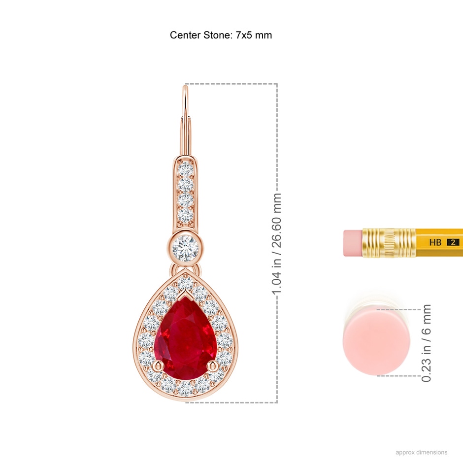 7x5mm AAA Pear-Shaped Ruby and Diamond Halo Drop Earrings in Rose Gold ruler
