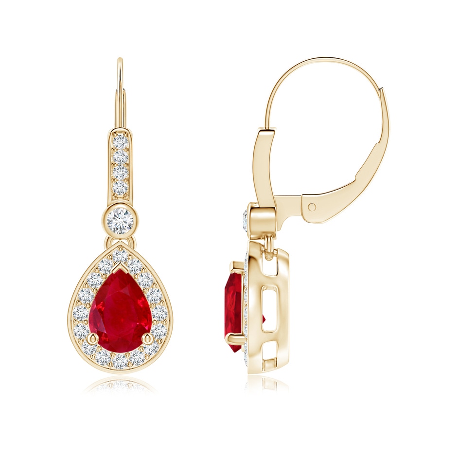7x5mm AAA Pear-Shaped Ruby and Diamond Halo Drop Earrings in Yellow Gold 