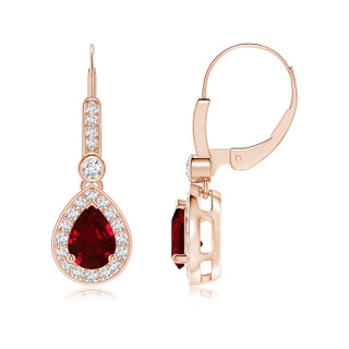 7x5mm AAAA Pear-Shaped Ruby and Diamond Halo Drop Earrings in 10K Rose Gold