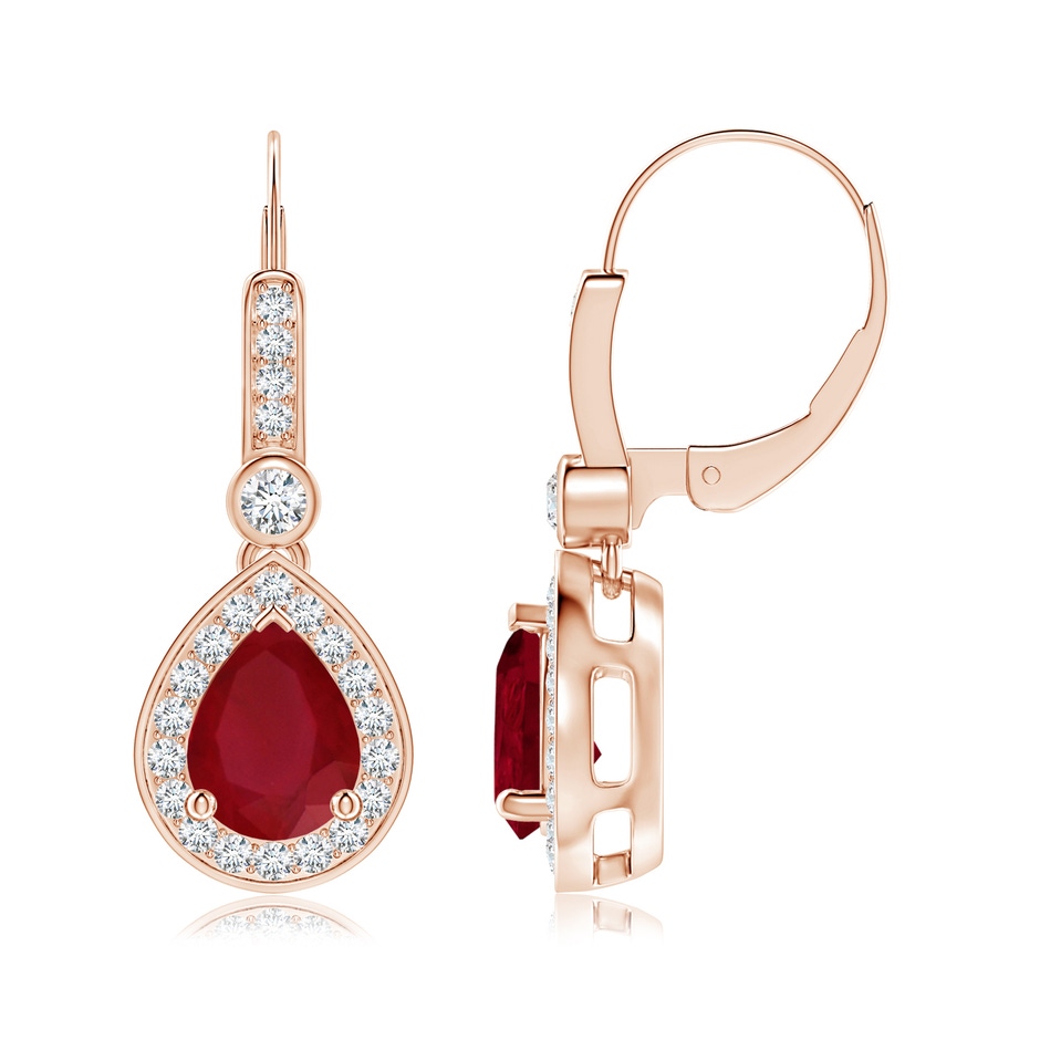 8x6mm AA Pear-Shaped Ruby and Diamond Halo Drop Earrings in Rose Gold 
