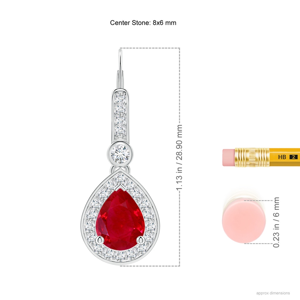 8x6mm AAA Pear-Shaped Ruby and Diamond Halo Drop Earrings in P950 Platinum Ruler