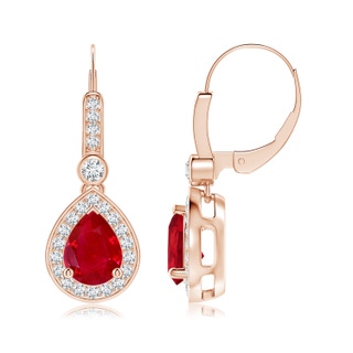 8x6mm AAA Pear-Shaped Ruby and Diamond Halo Drop Earrings in Rose Gold