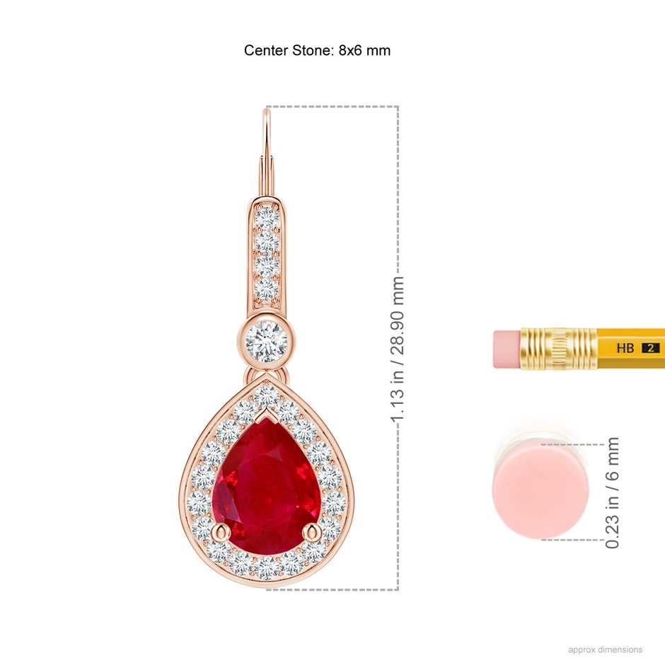 8x6mm AAA Pear-Shaped Ruby and Diamond Halo Drop Earrings in Rose Gold ruler