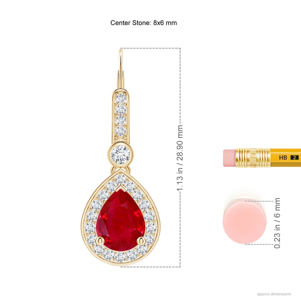 8x6mm AAA Pear-Shaped Ruby and Diamond Halo Drop Earrings in Yellow Gold Ruler
