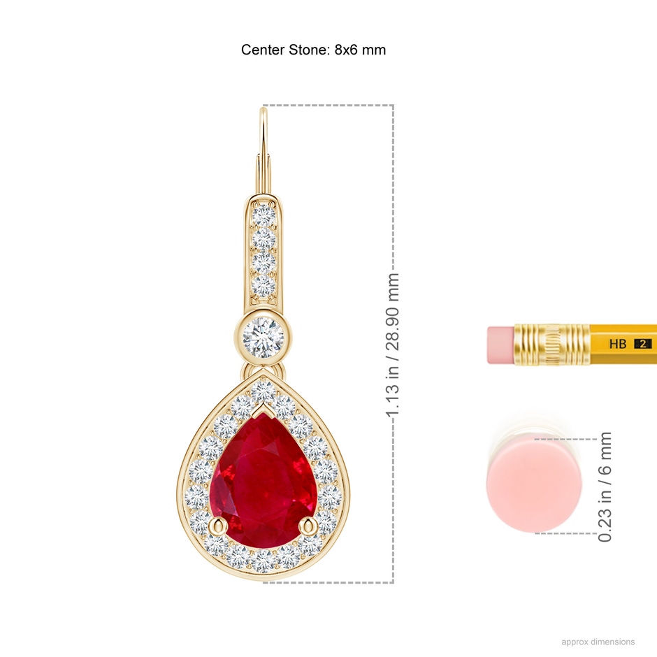 8x6mm AAA Pear-Shaped Ruby and Diamond Halo Drop Earrings in Yellow Gold ruler