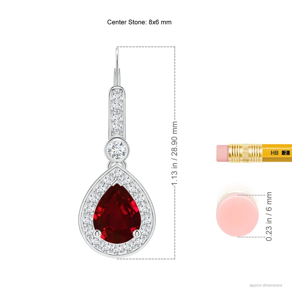 8x6mm AAAA Pear-Shaped Ruby and Diamond Halo Drop Earrings in P950 Platinum Ruler