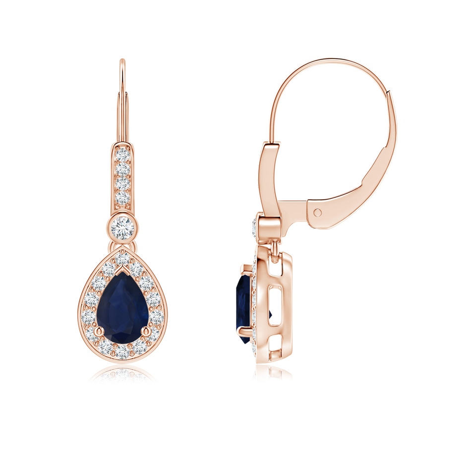 6x4mm A Pear-Shaped Blue Sapphire and Diamond Halo Drop Earrings in Rose Gold 