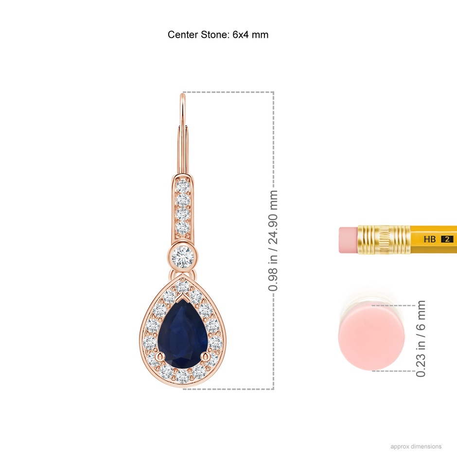 6x4mm A Pear-Shaped Blue Sapphire and Diamond Halo Drop Earrings in Rose Gold ruler