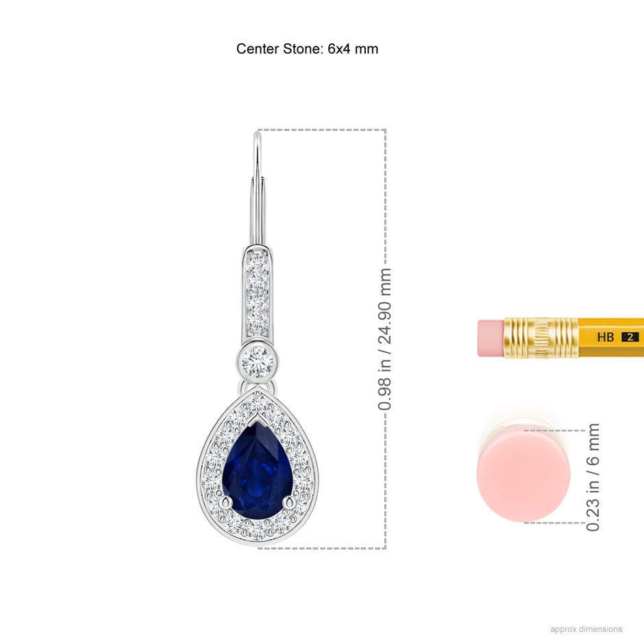 6x4mm AA Pear-Shaped Blue Sapphire and Diamond Halo Drop Earrings in White Gold ruler