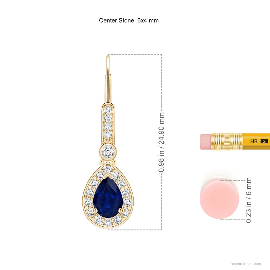 6x4mm AA Pear-Shaped Blue Sapphire and Diamond Halo Drop Earrings in Yellow Gold ruler