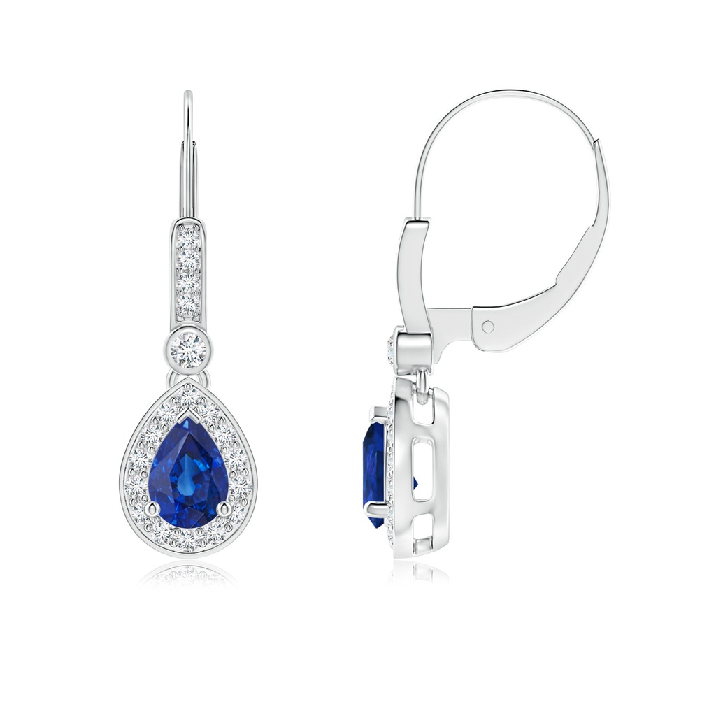 6x4mm AAA Pear-Shaped Blue Sapphire and Diamond Halo Drop Earrings in White Gold