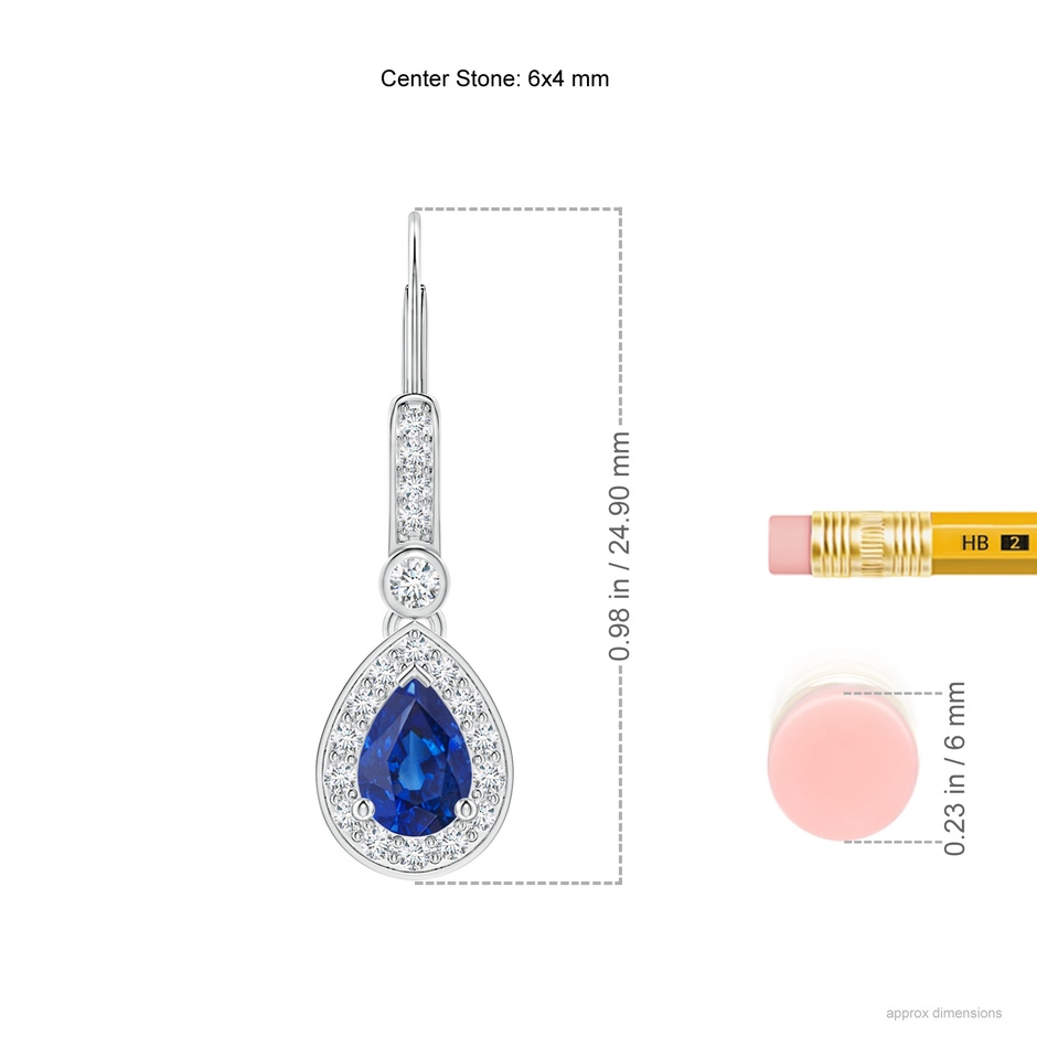 6x4mm AAA Pear-Shaped Blue Sapphire and Diamond Halo Drop Earrings in White Gold ruler