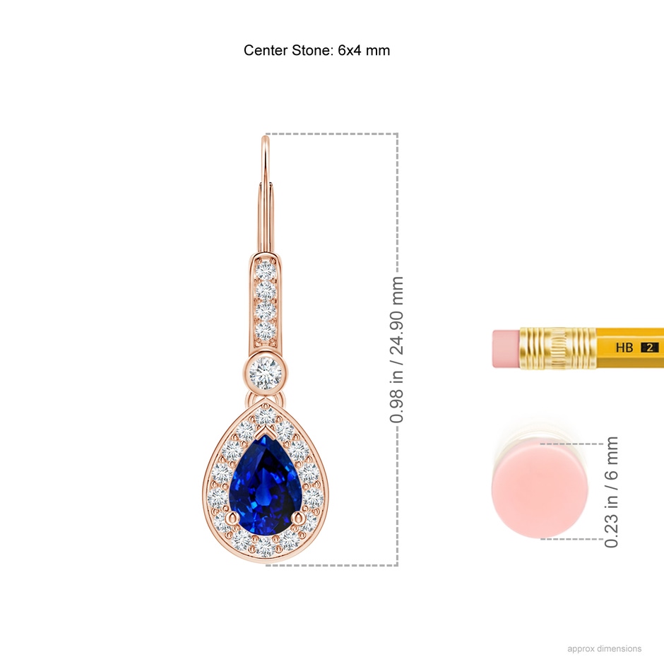 6x4mm Lab-Grown Pear-Shaped Blue Sapphire and Diamond Halo Drop Earrings in Rose Gold ruler