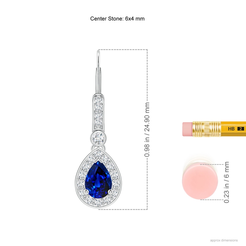 6x4mm AAAA Pear-Shaped Blue Sapphire and Diamond Halo Drop Earrings in White Gold ruler