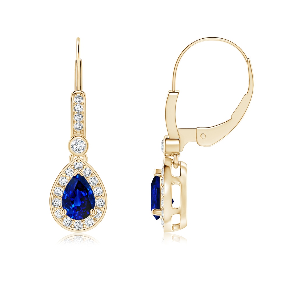 6x4mm AAAA Pear-Shaped Blue Sapphire and Diamond Halo Drop Earrings in Yellow Gold