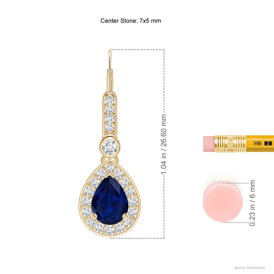 7x5mm AA Pear-Shaped Blue Sapphire and Diamond Halo Drop Earrings in Yellow Gold ruler